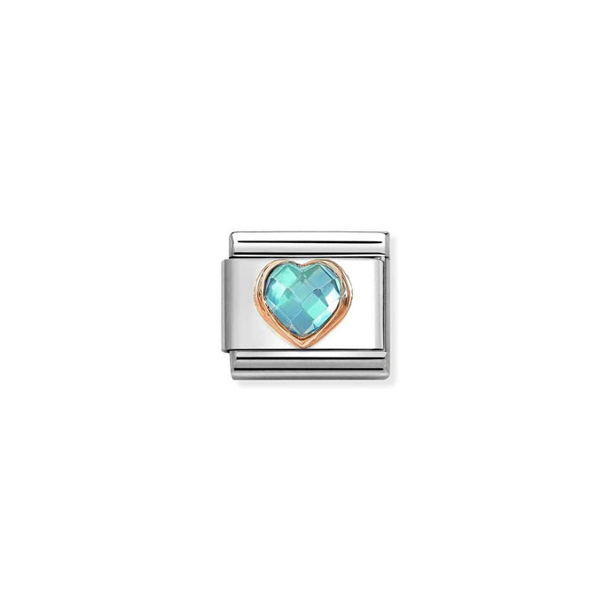 Nomination Classic CZ HEART FACETED 9ct Rose Gold LIGHT BLUE Charm