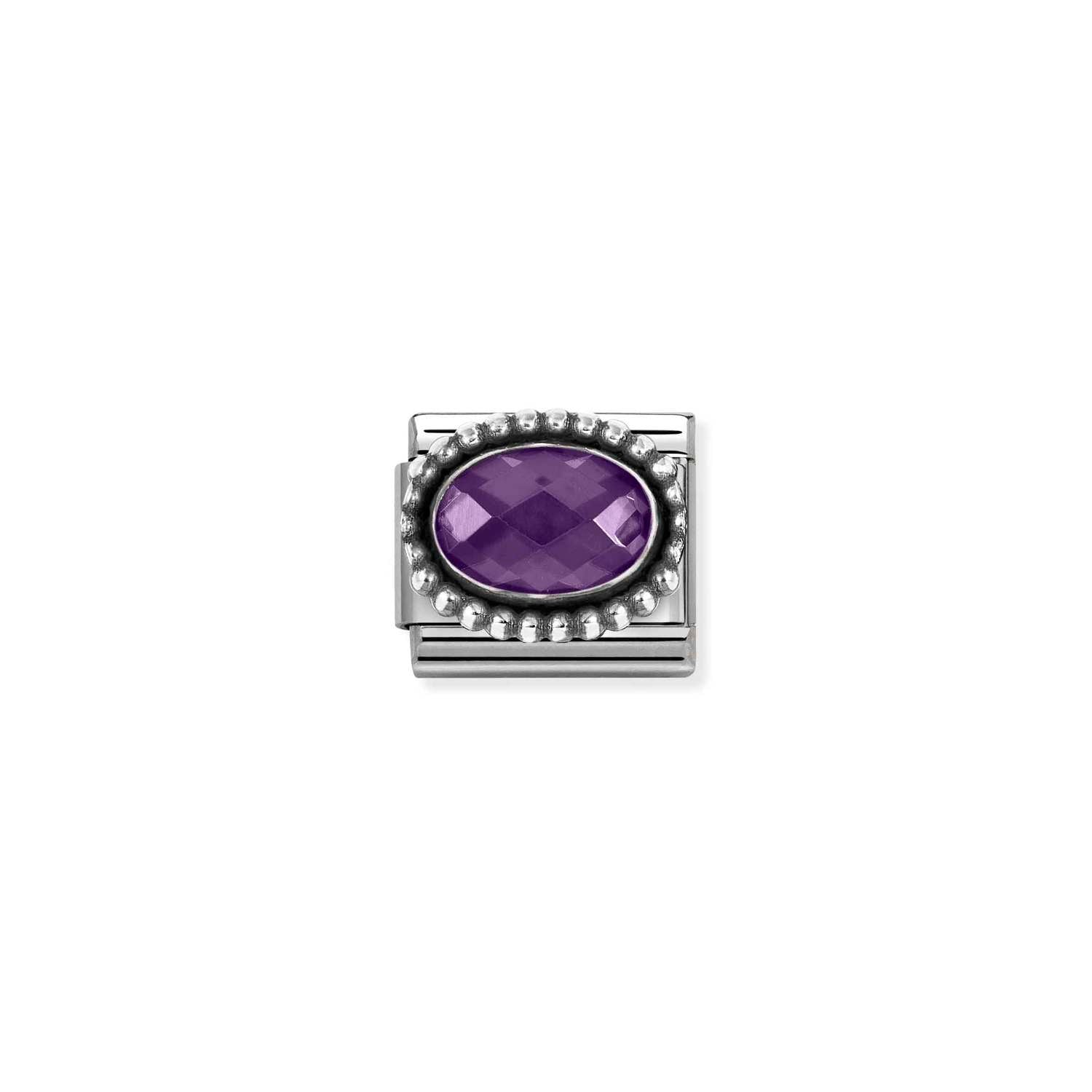 Classic Silver Oval Faceted Purple CZ in Beaded Rich Setting Charm