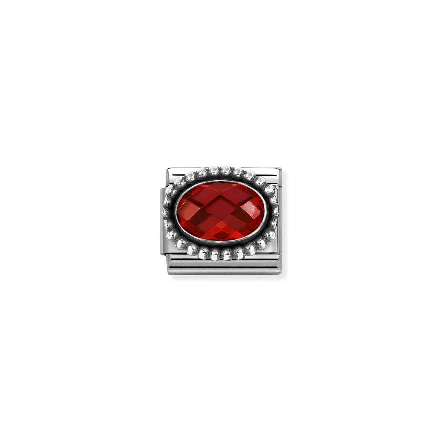 Nomination FACETED CZ, steel with OXIDIZED OVAL BEADED RICH SETTING 925 silver RED
