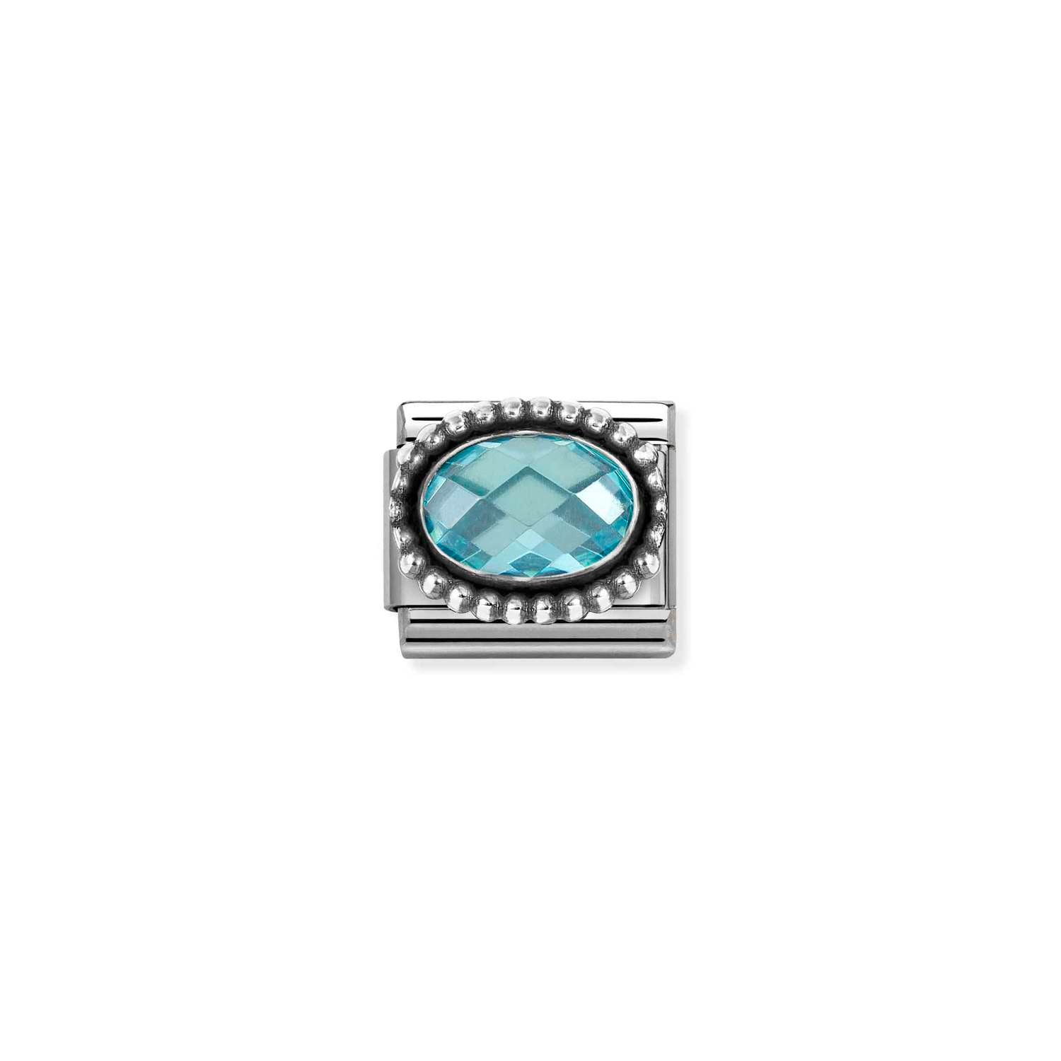 Nomination FACETED CZ, steel with OXIDIZED OVAL BEADED RICH SETTING 925 silver LIGHT BLUE