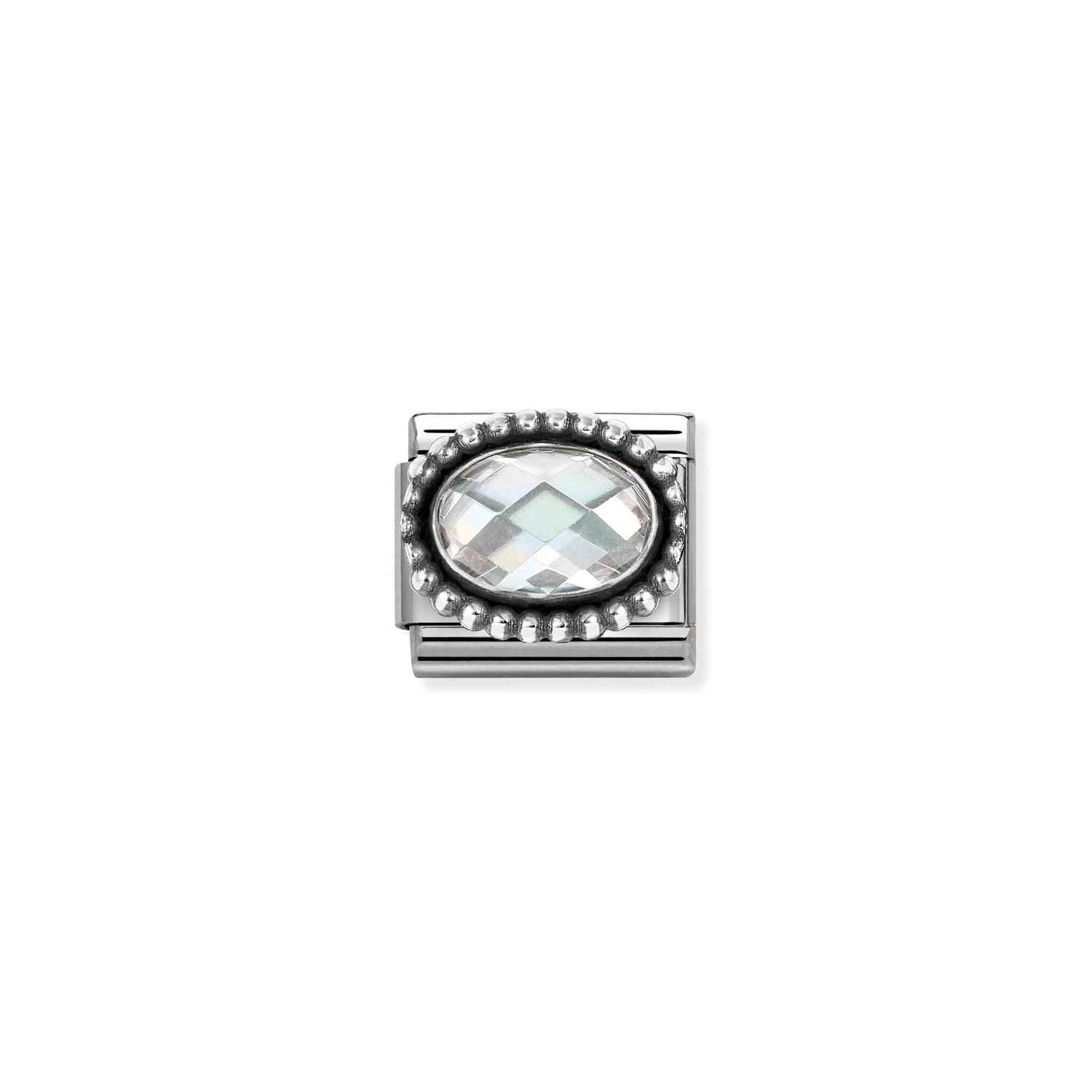 Nomination Classic Silver Oval Faceted White CZ in Beaded Rich Setting Charm