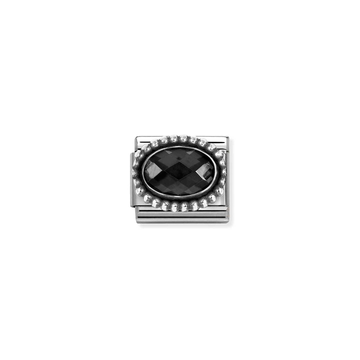 Nomination Classic Silver Faceted Black Oval CZ in Beaded Rich Setting Charm