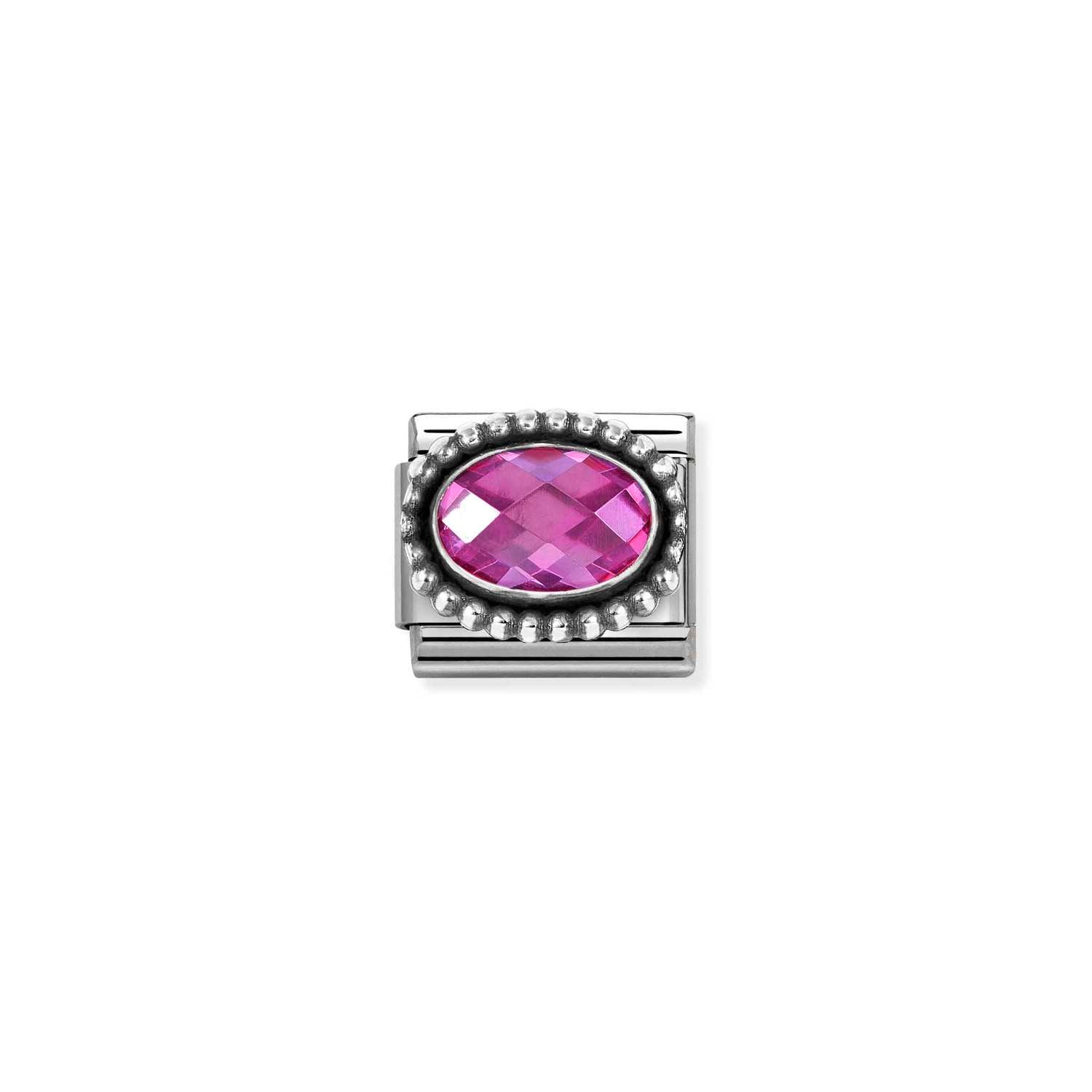 Nomination Classic Silver Oval Faceted Fuchsia CZ in Beaded Rich Setting Charm