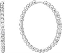 SILVER LARGE CLAW SPHERE BEADED HOOP EARRINGS