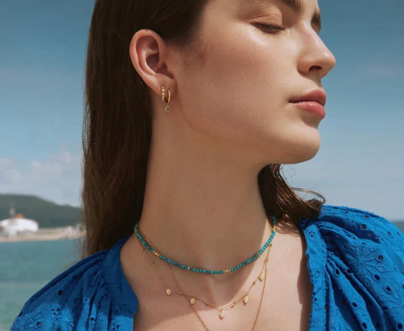 Gold Lab Created Turquoise Beaded Necklace