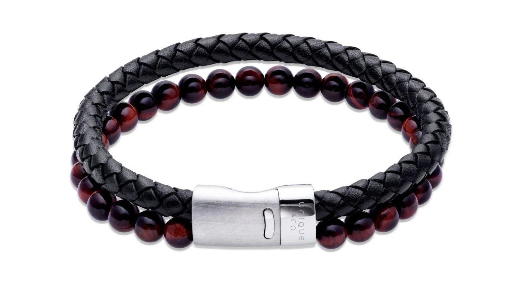 Black Leather Bracelet with Red/Brown Beads & Steel Magnetic Clasp B526DB