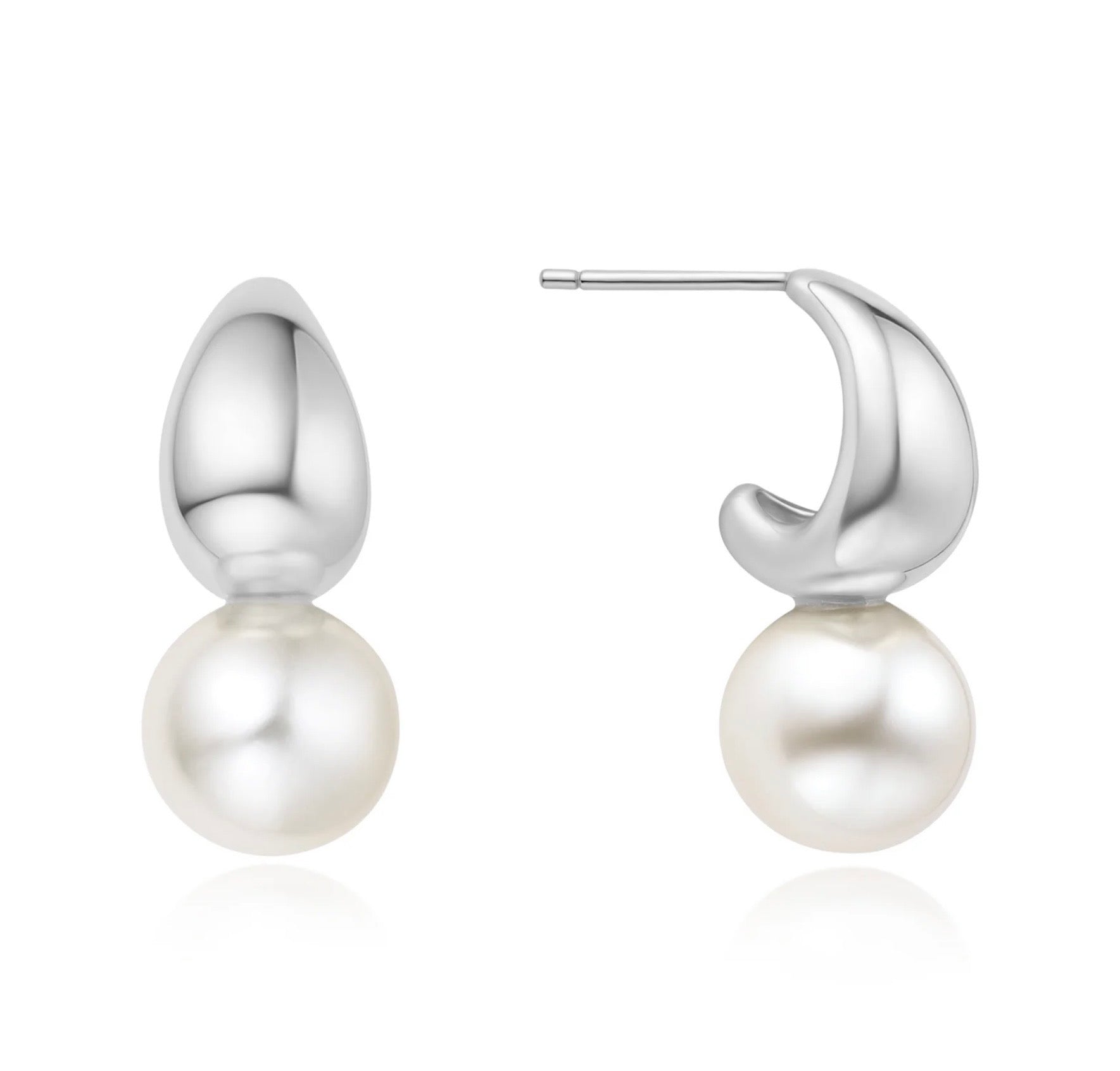 SILVER PEARL DOME HOOP EARRINGS