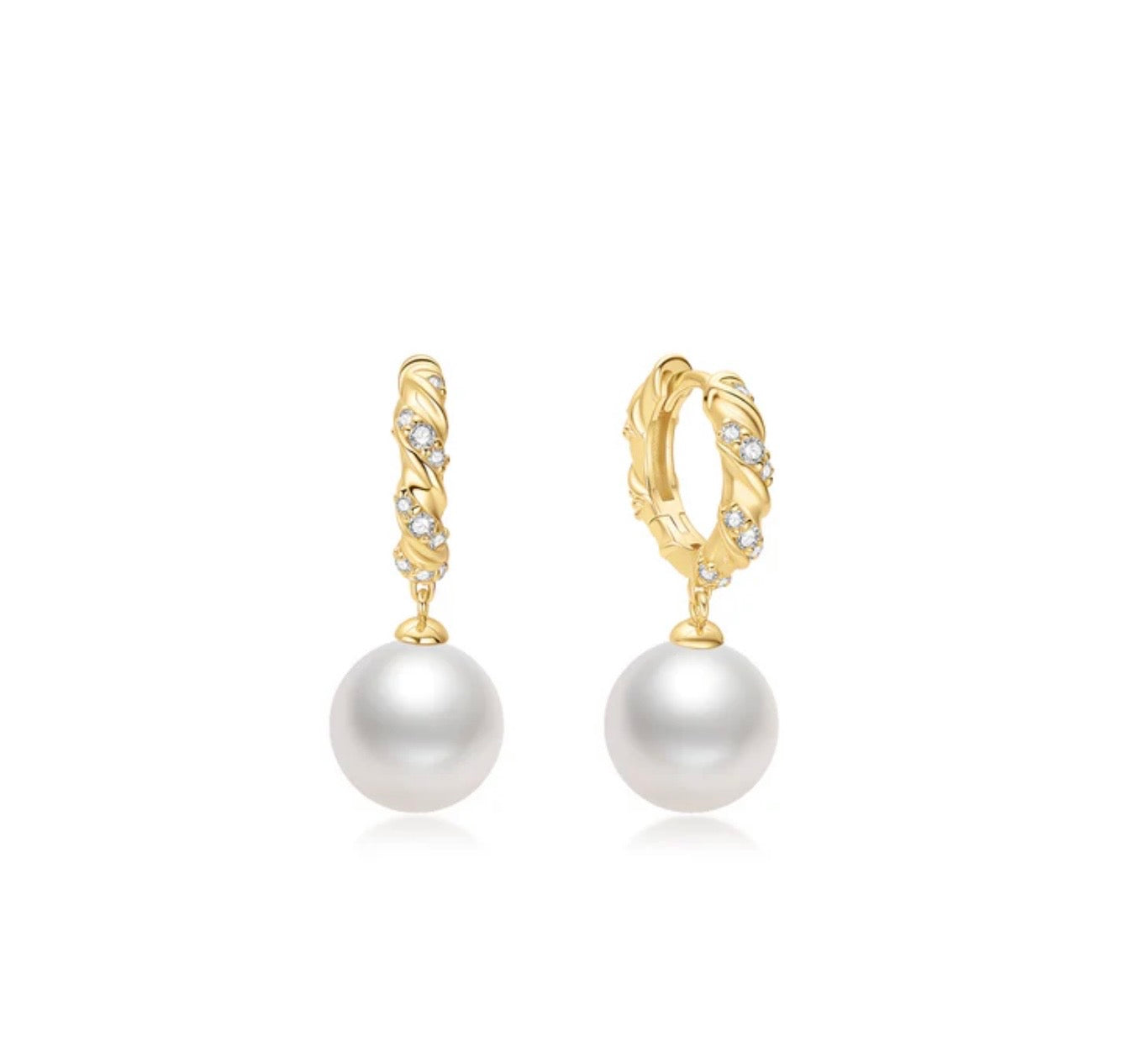 Gold Shell Pearl Dangling Twisted Huggie Hoop Earrings