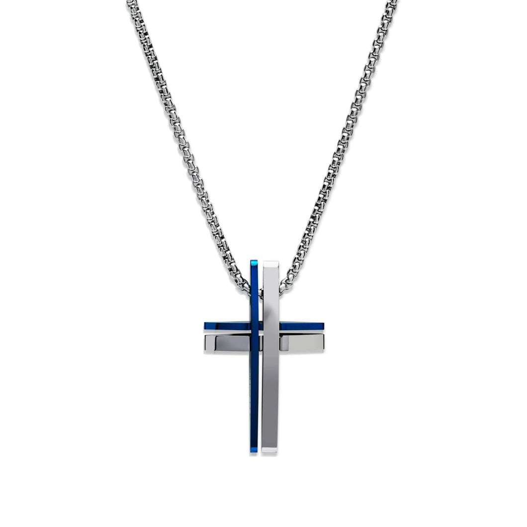 Stainless Steel Cross with Blue IP Plating incl.Chain
