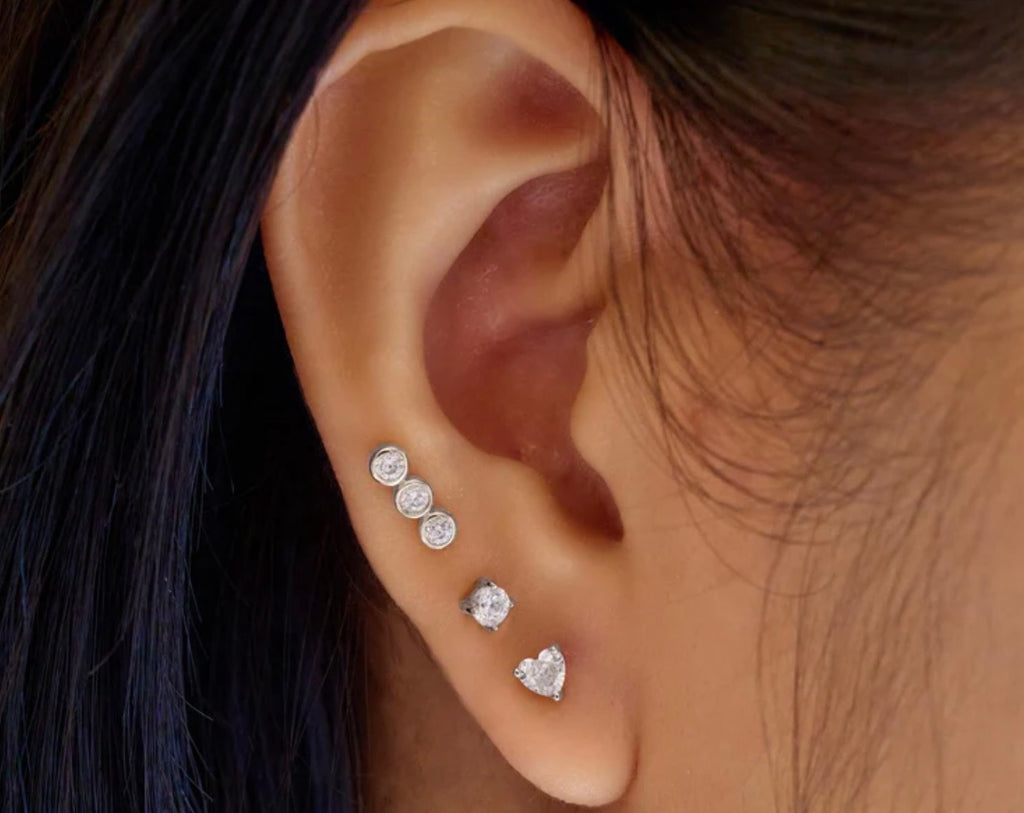 SILVER TRIPLE STONE BEZEL BARBELL SINGLE EARRING
