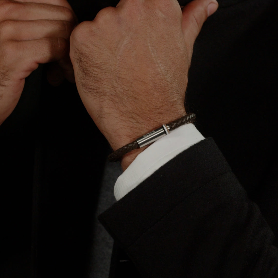 Gents BOSS Ares Single Braided Brown Leather Bracelet
