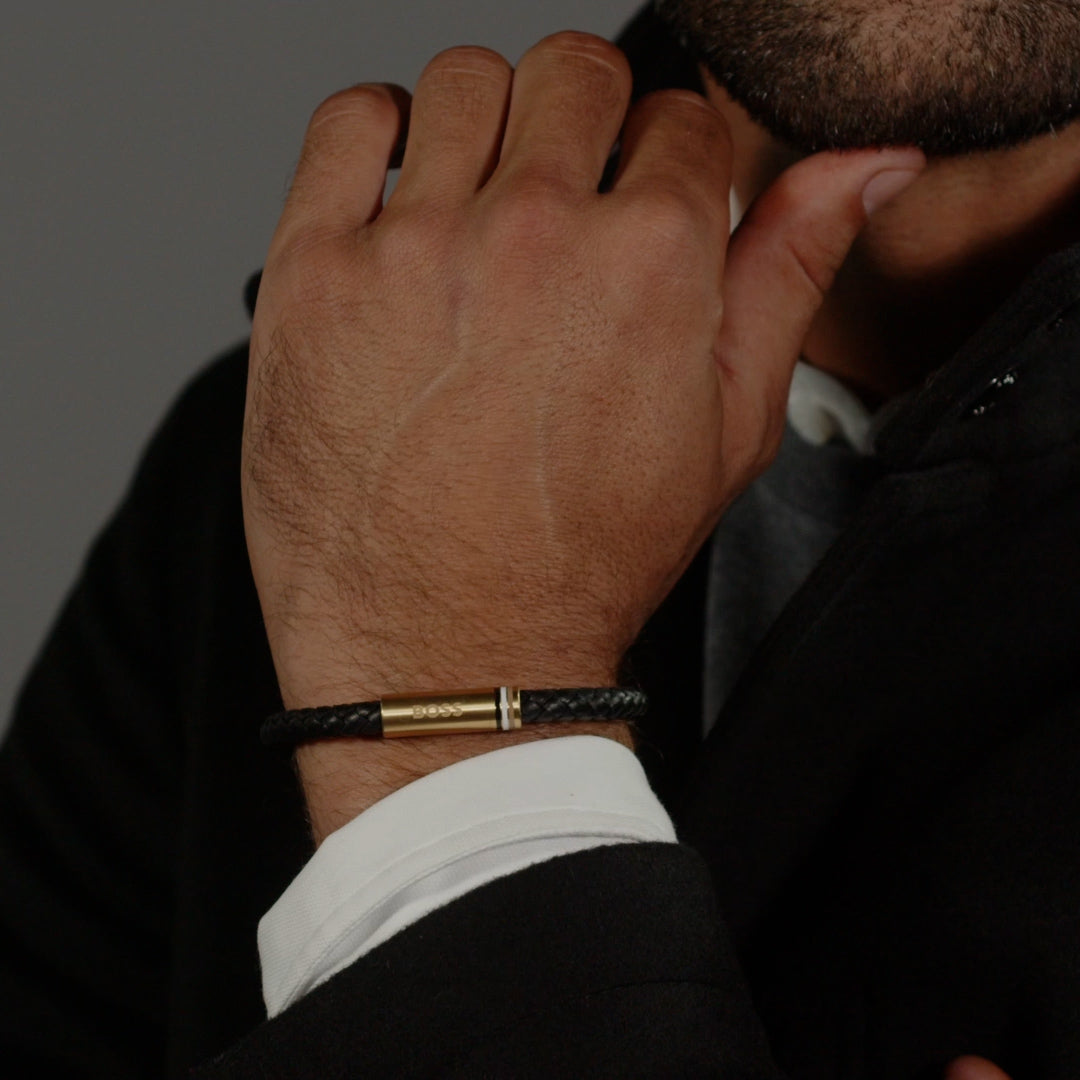 Gents BOSS Ares Single Braided Black Leather Bracelet