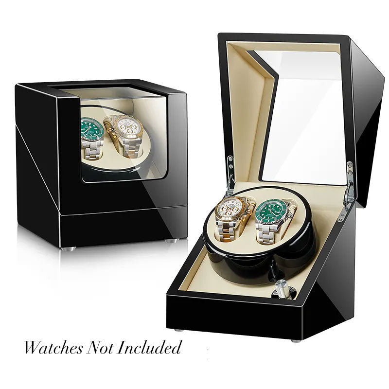 Double Watch Winder Black Wood & Cream
