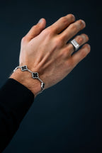 Hand wearing a silver bracelet and ring on a dark background