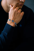 Person wearing a bracelet with blue clover-shaped charms on a dark background