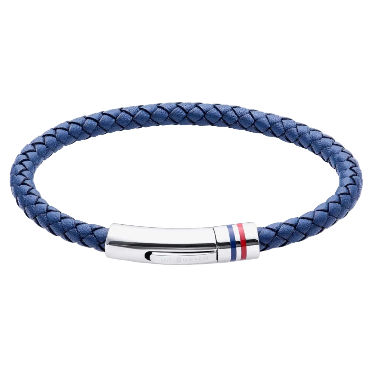 Navy Blue Leather Bracelet with Polished Steel Clasp with Blue and Red Enamel Stripes