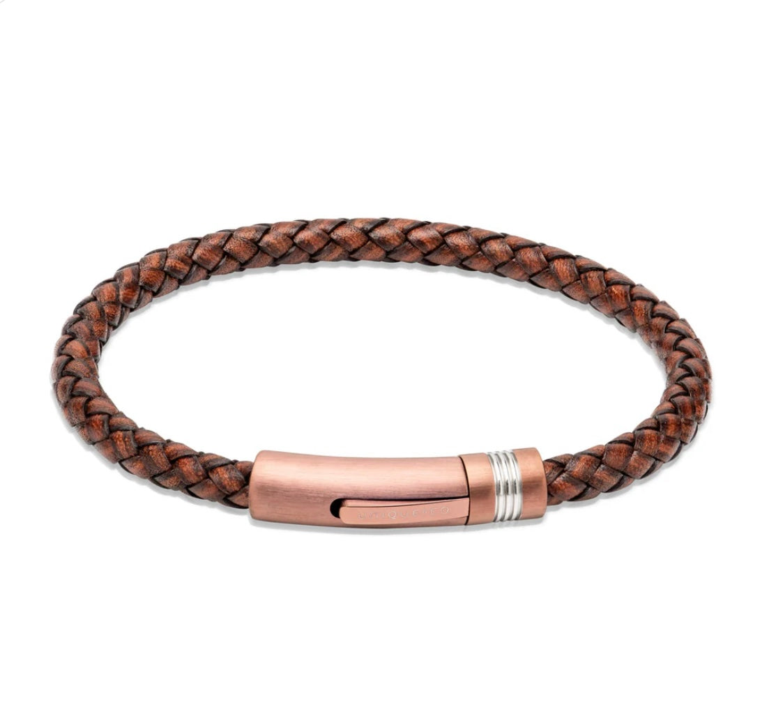 Antique Dark Brown Leather Bracelet Edged with Matte Rose Gold Clasp B502ADB