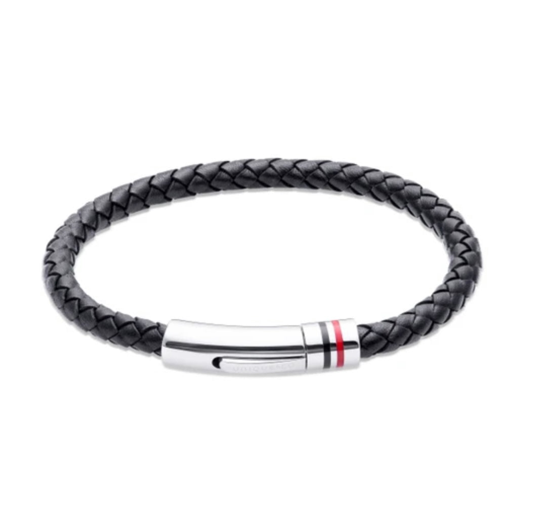 Black Leather Bracelet with Polished Steel Clasp with Black and Red Enamel Stripes B533BL