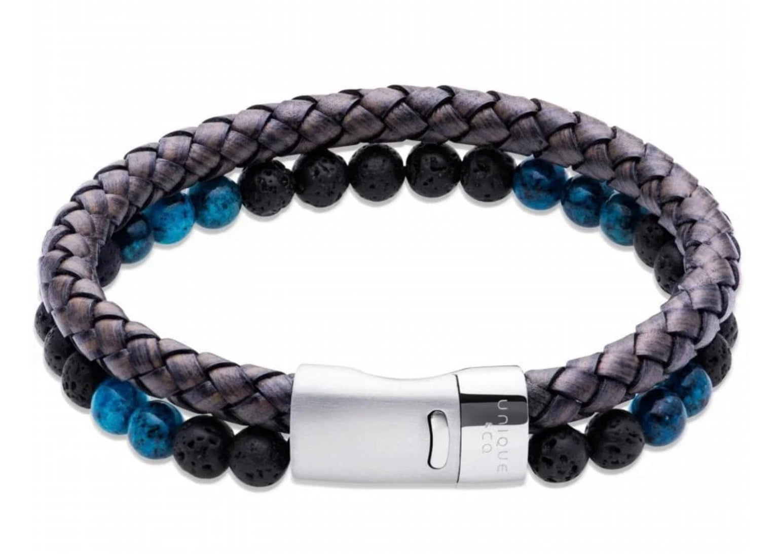 Antique Black Leather with Lava stone and Turquoise beads, Matte and Polished Steel Magnetic Clasp