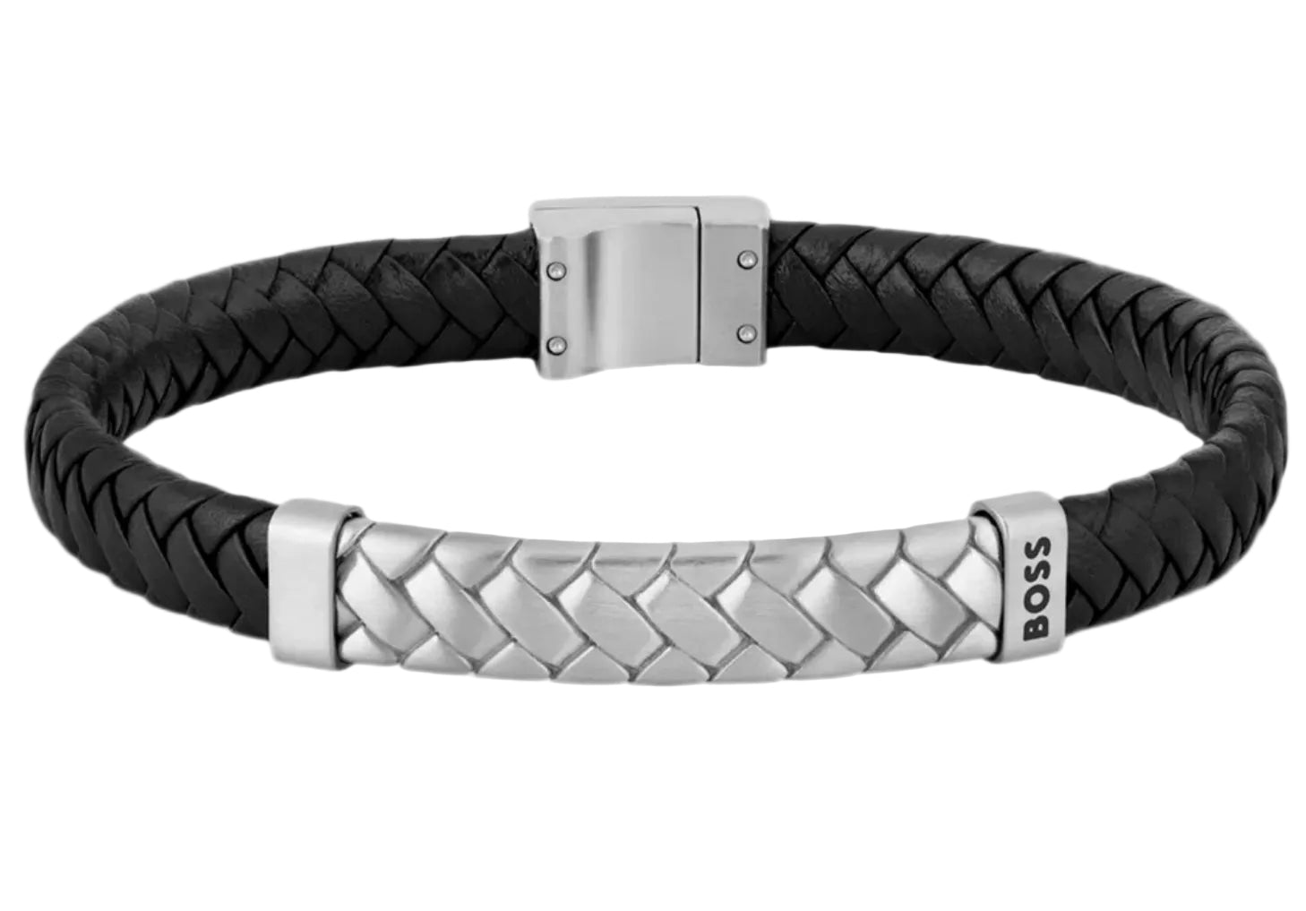 Gents BOSS Black Braided-Leather Cuff with Herringbone Hardware