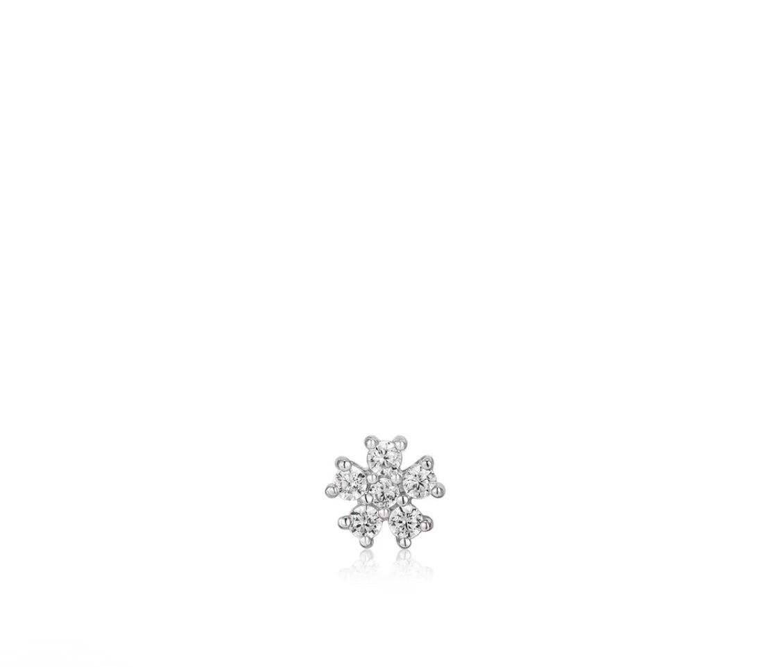 SILVER SPARKLE FLOWER BARBELL SINGLE EARRING