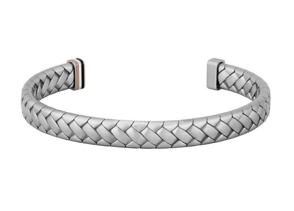 Mens BOSS Tailored Silver Tone Herringbone Pattern Steel Bangle