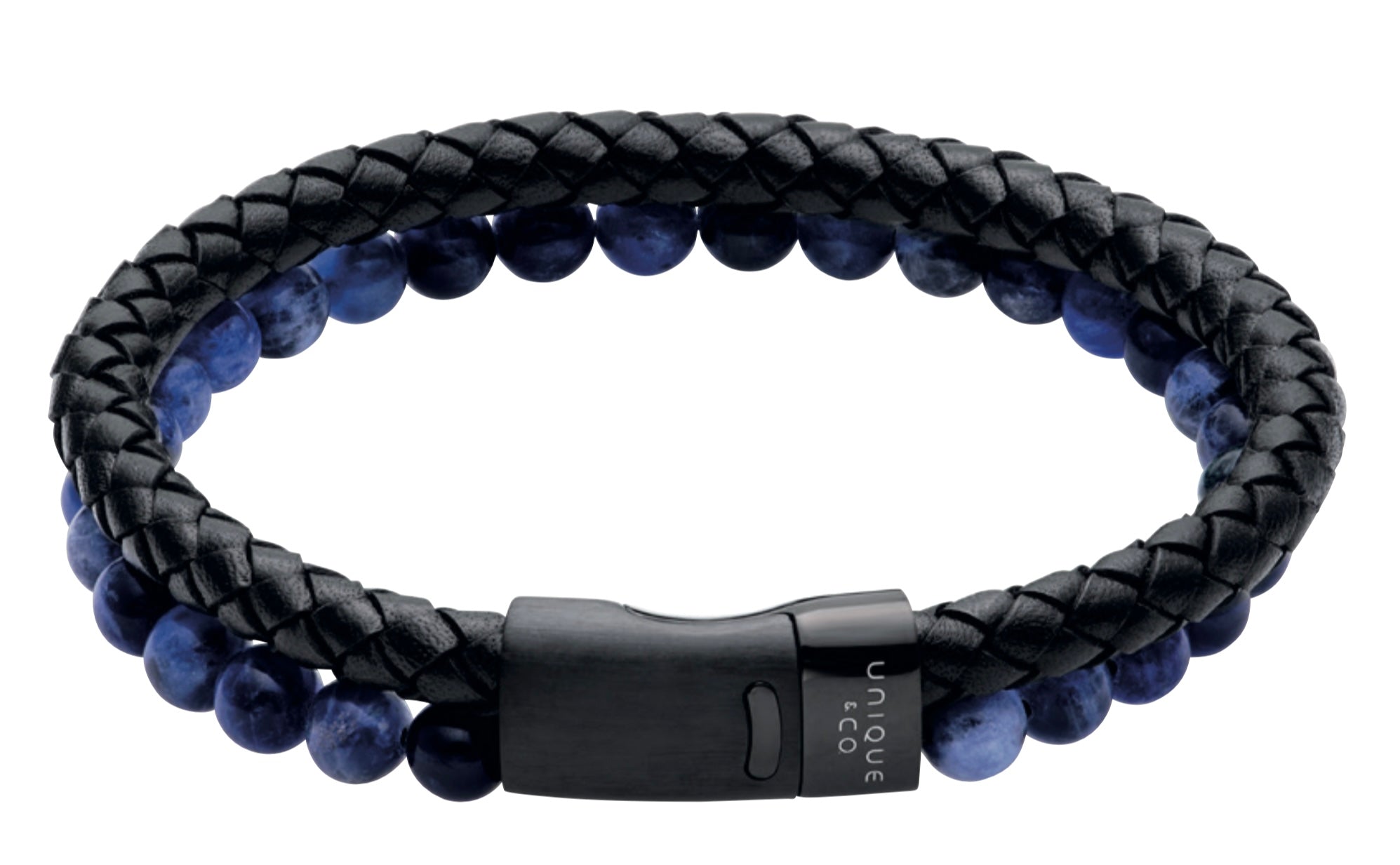 Black Leather Bracelet with Blue Beads & Steel Magnetic Clasp B526BLUE