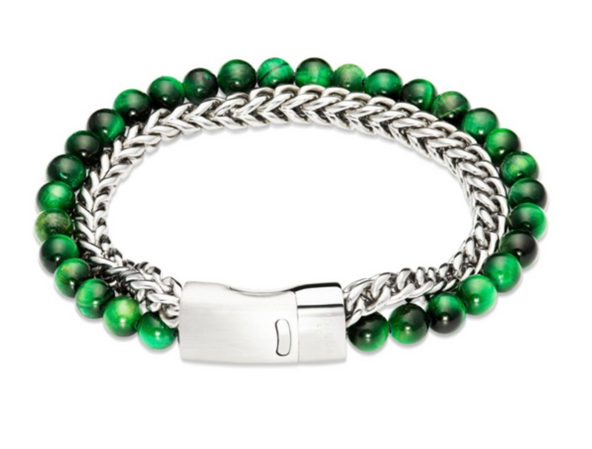 Steel Chain Bracelet and Malachite Beads, Matte and Polished Steel Magnetic Clasp B548MA