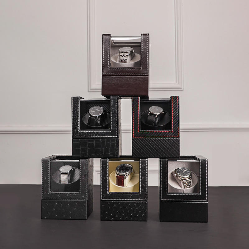 Luxury Black Leather Red Stitch Single Automatic Modern Wooden Watch Winder