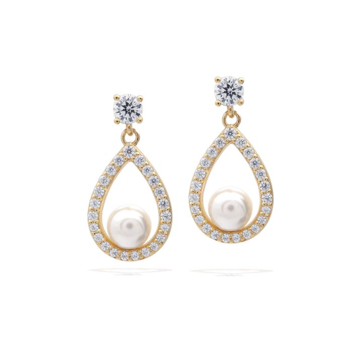 Diamonfire Gold Plated Open Halo Teardrop Earrings with Shell Pearl