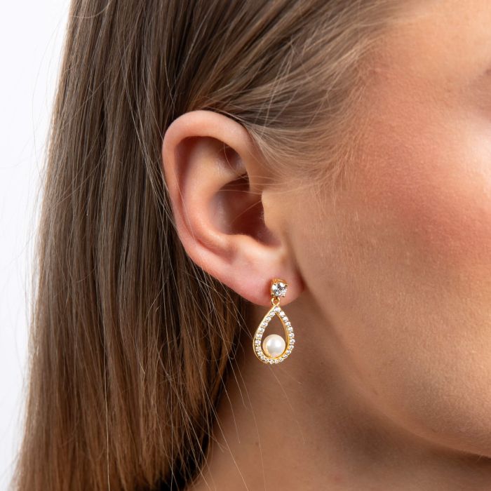 Diamonfire Gold Plated Open Halo Teardrop Earrings with Shell Pearl