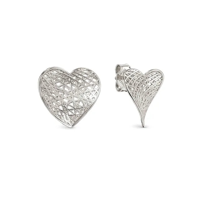 Leaf of Light Silver Heart Lattice Stud Earrings