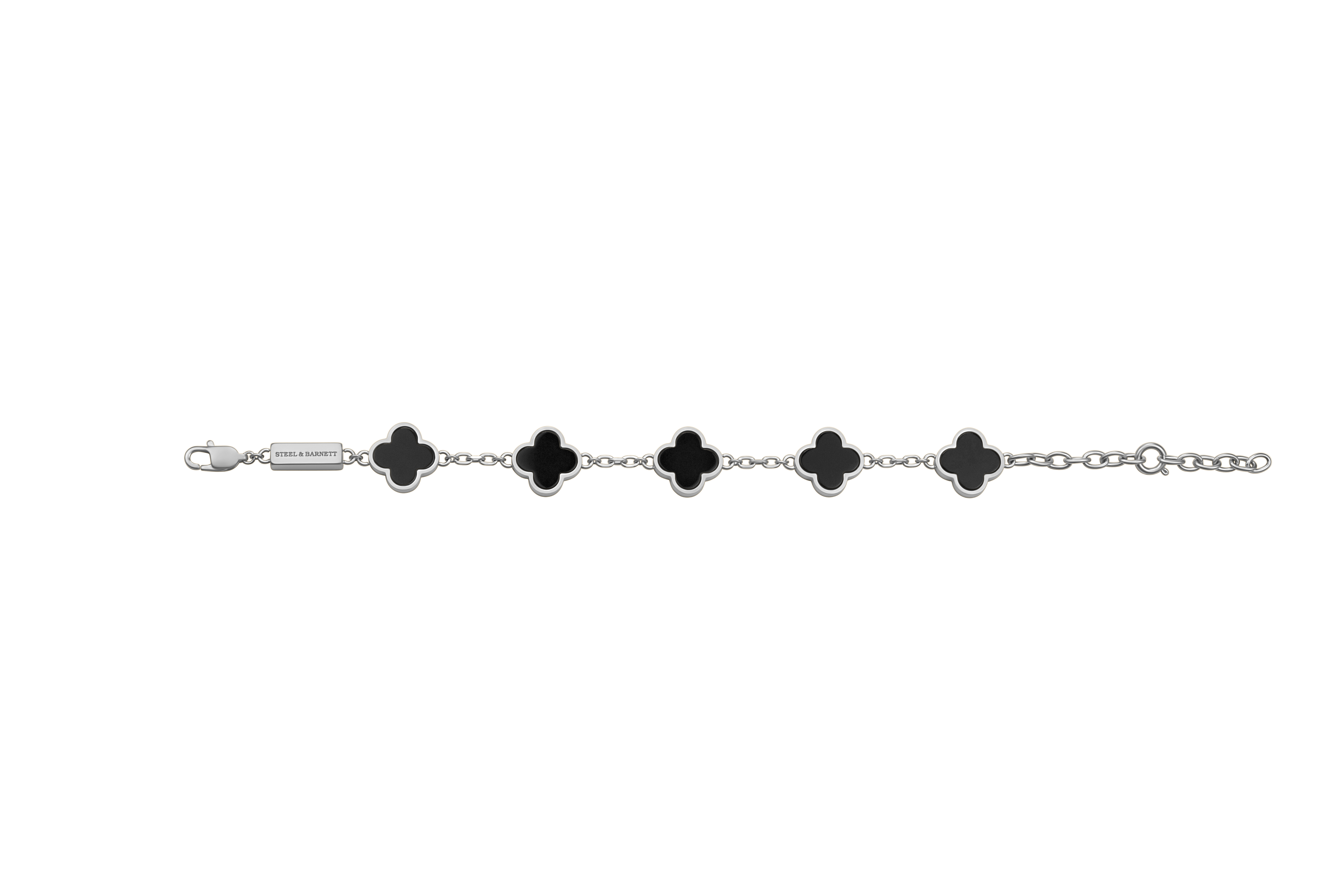 Silver bracelet with black clover-shaped charms on a white background