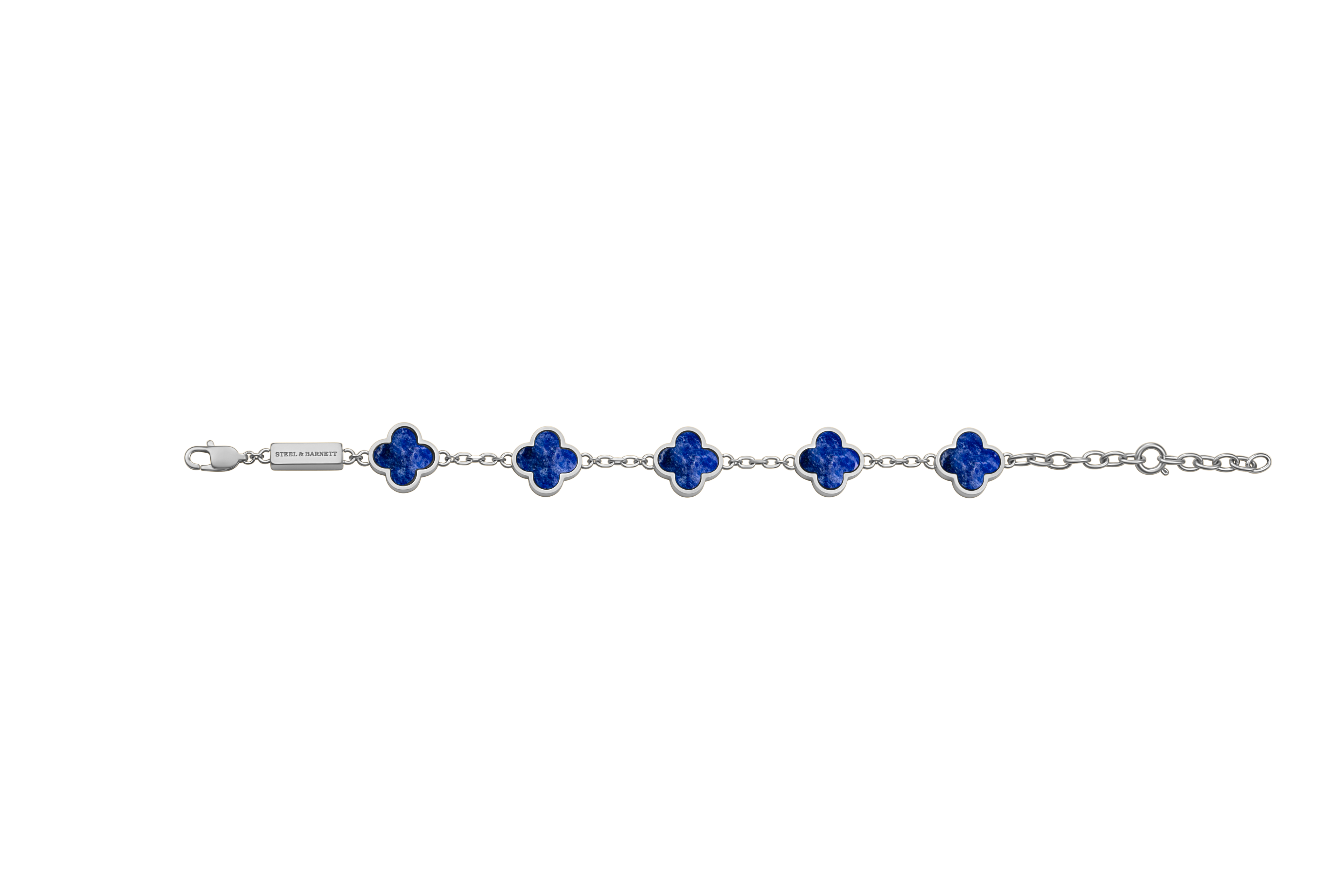 Silver bracelet with blue flower-shaped charms on a white background
