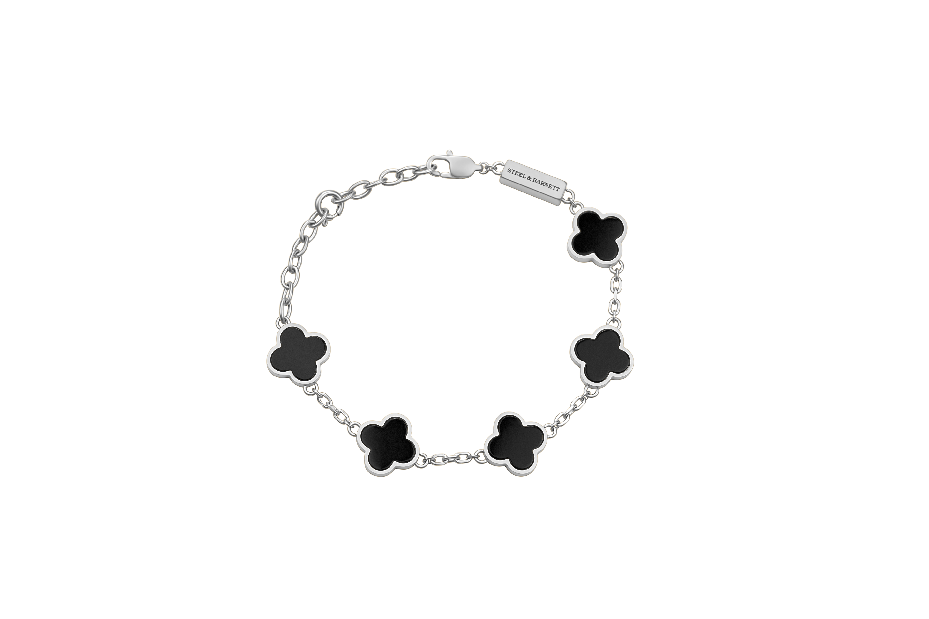 Silver bracelet with black flower-shaped charms on a white background
