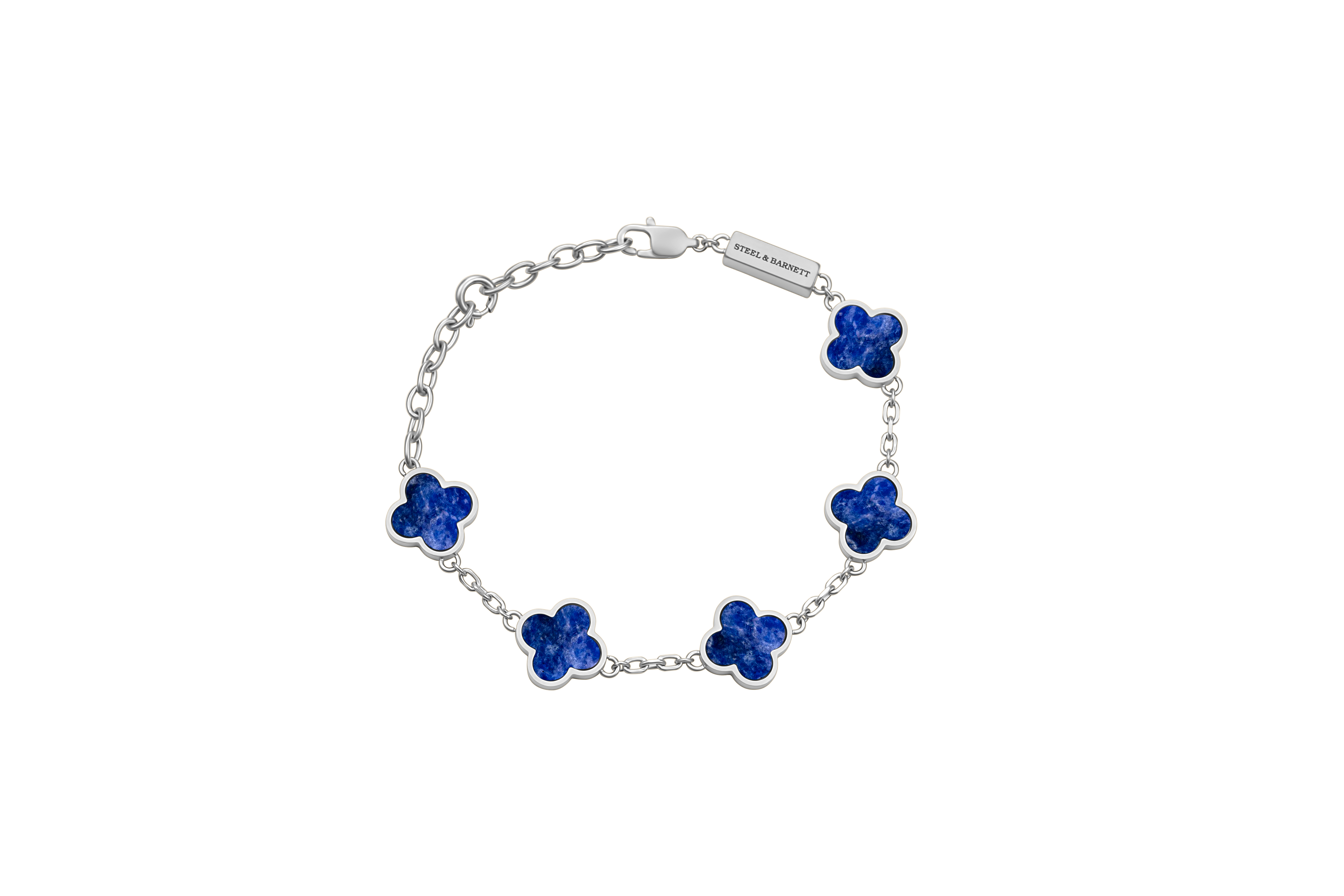 Silver bracelet with blue flower-shaped charms on a white background