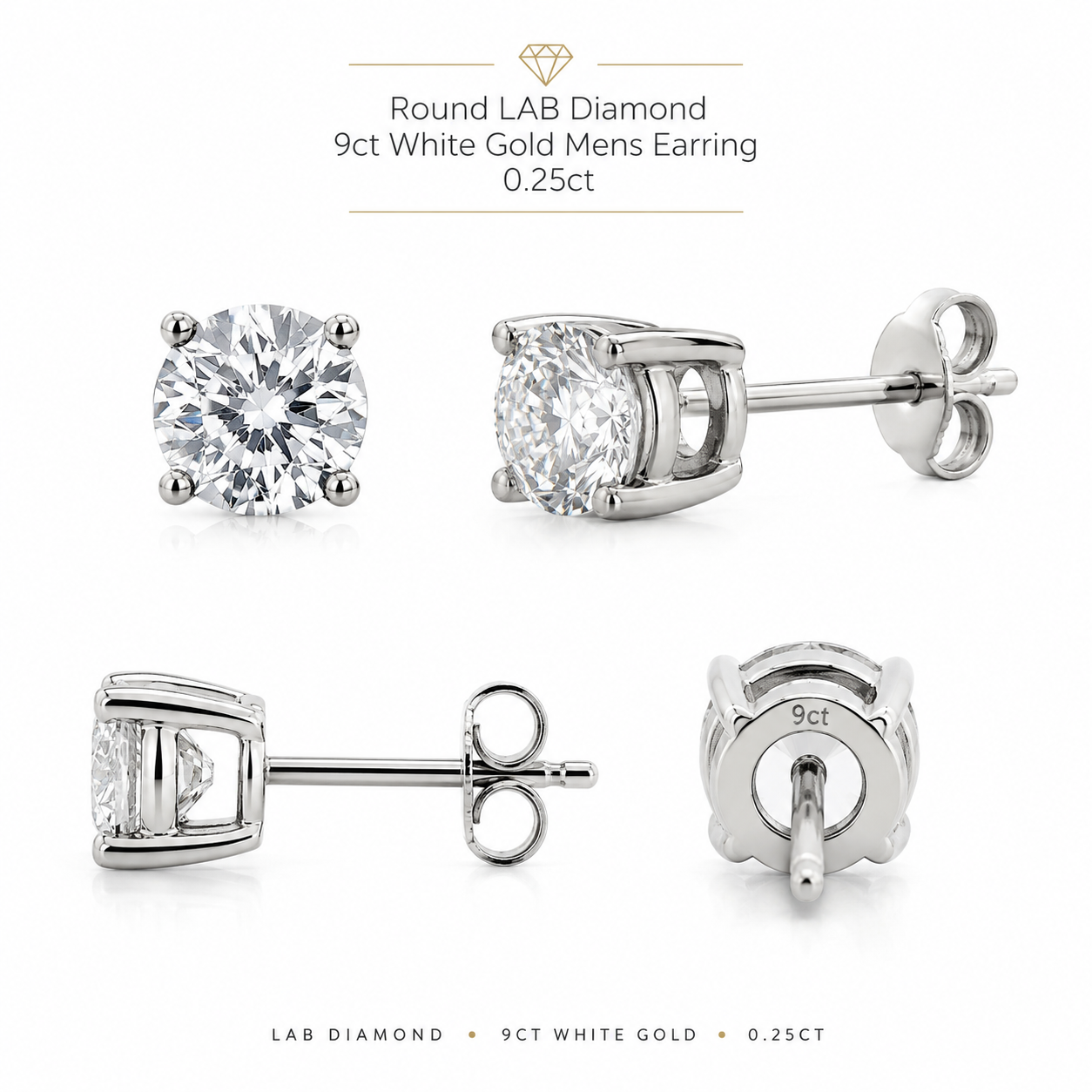 LAB Diamond 9ct White Gold Single Mens Earring