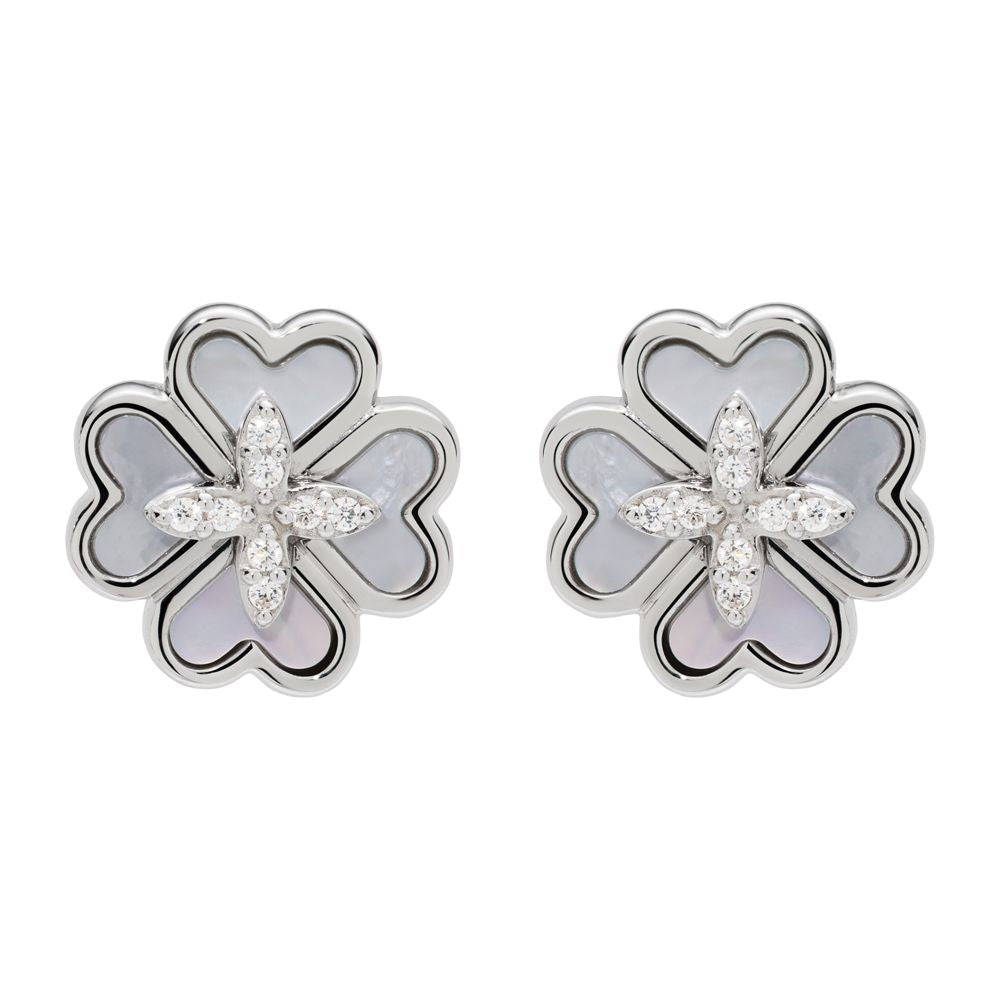 Silver Clover Stud Earrings with Mother of Pearl