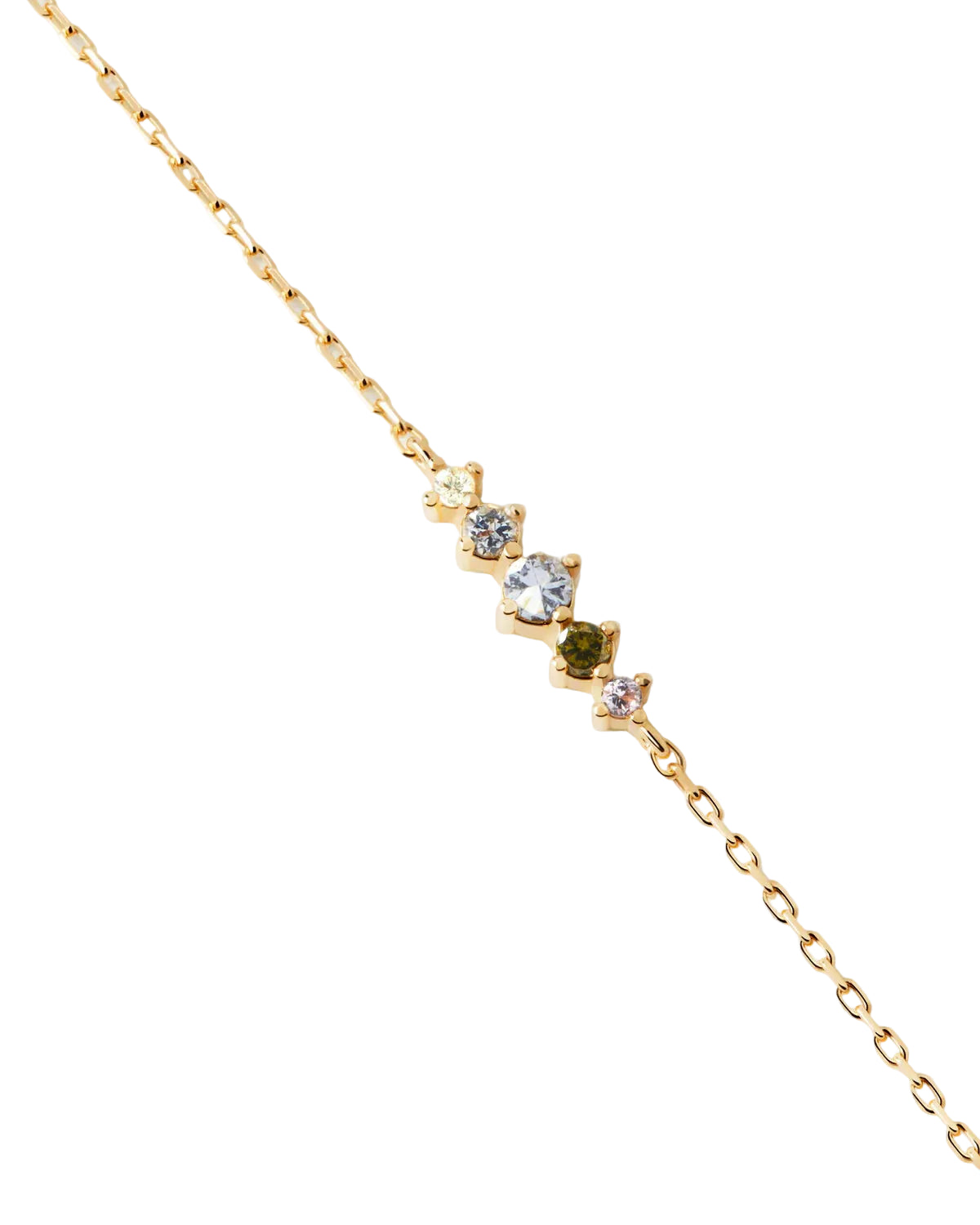 Gold necklace with small gemstones on a light gray background