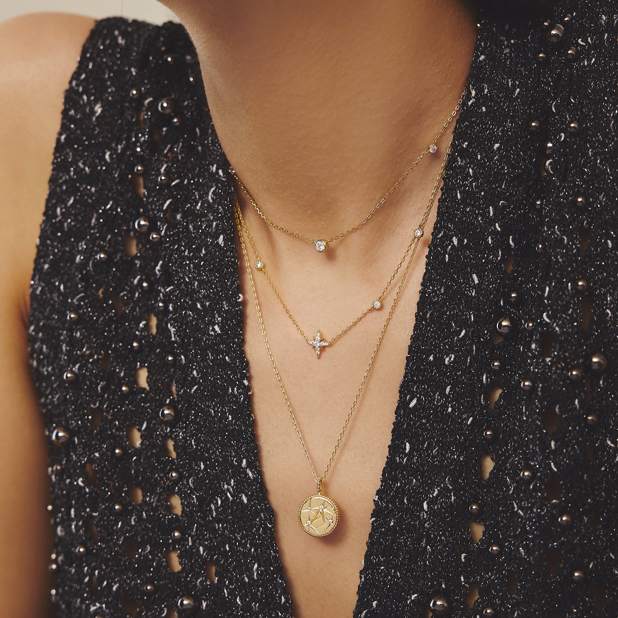 GOLD EIGHT-POINTED STAR CUBIC ZIRCONIA STATION NECKLACE