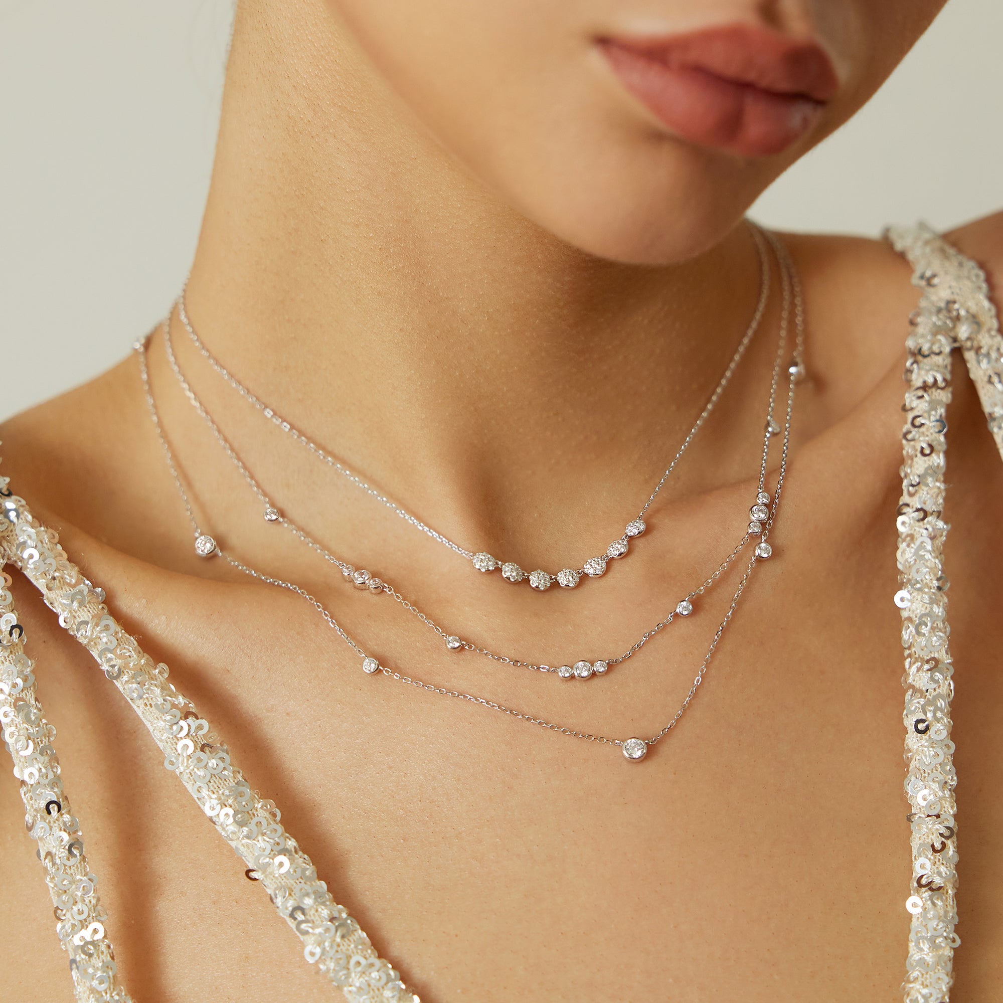 SILVER PAVE MULTI BEADED CHAIN NECKLACE