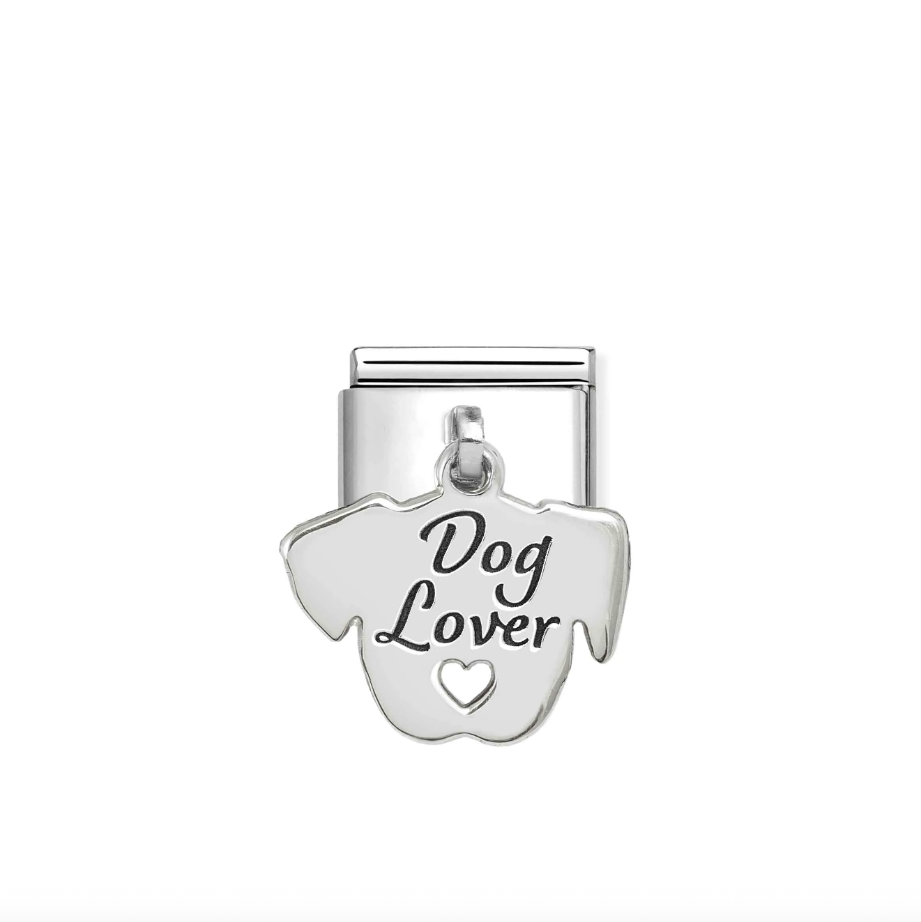 Silver charm with 'Dog Lover' text on a white background