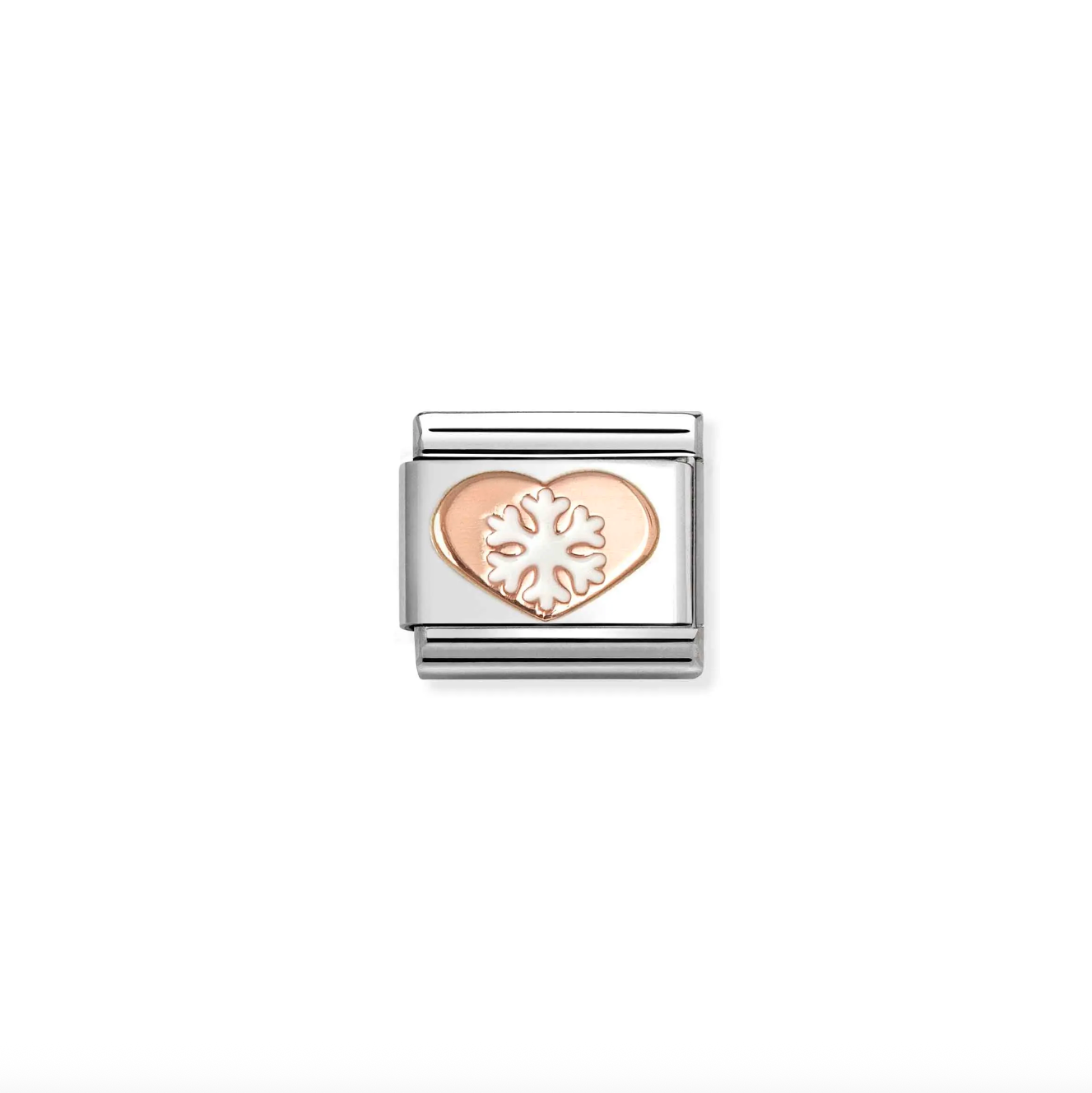 Silver and rose gold heart-shaped charm with a white snowflake