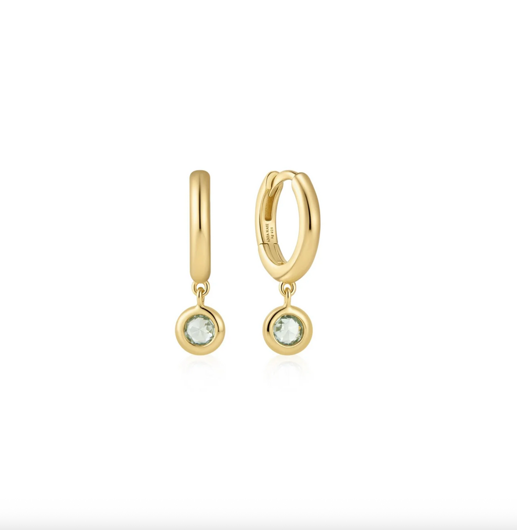 Gold Dangling Mint Green Huggie Hoop Earrings