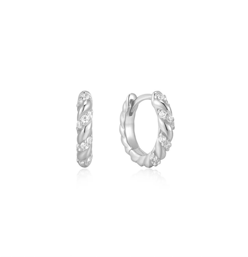Silver Sparkle Twisted Huggie Hoop Earring
