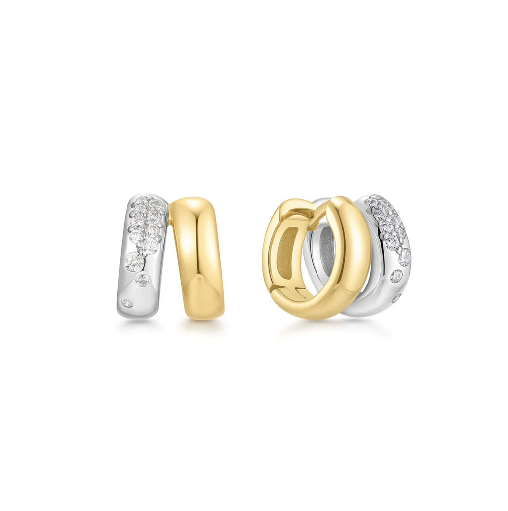 Two-Tone Sparkling Duet Mixed Huggie Hoop Earrings