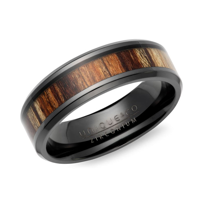 Black Zirconium Ring with Wood Inlay 7mm