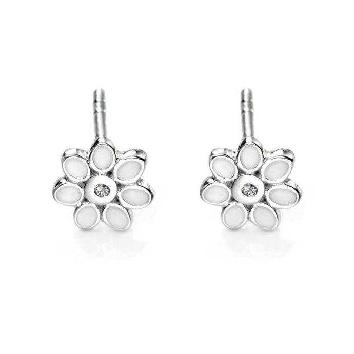 Enamel Daisy Stud Earrings with Diamonds