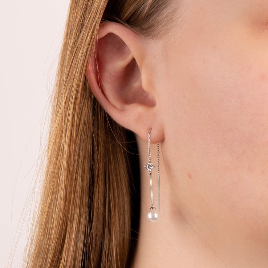Shell Pearl Pull Through Chain Drop Earrings With Diamonfire Zirconia E6302