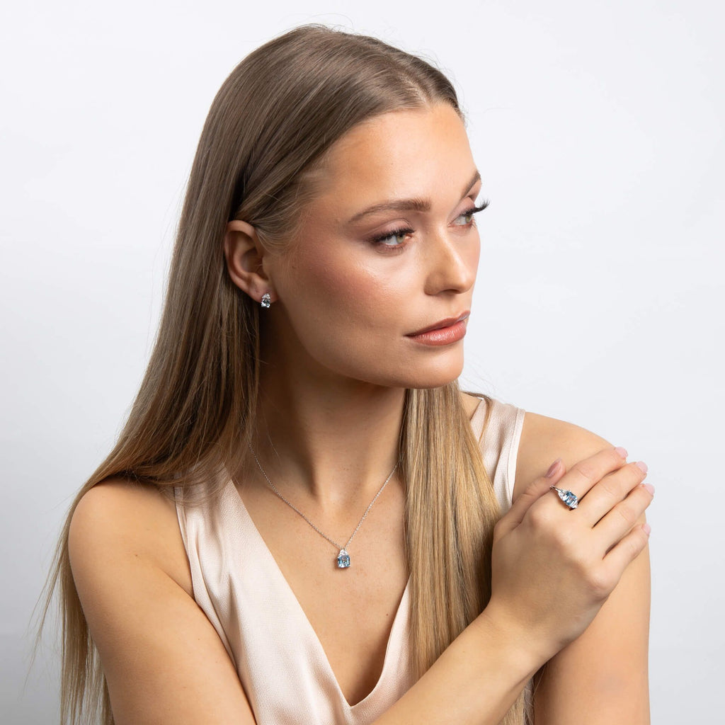 Diamonfire Square Aquamarine Blue Zirconia Trilogy Ring